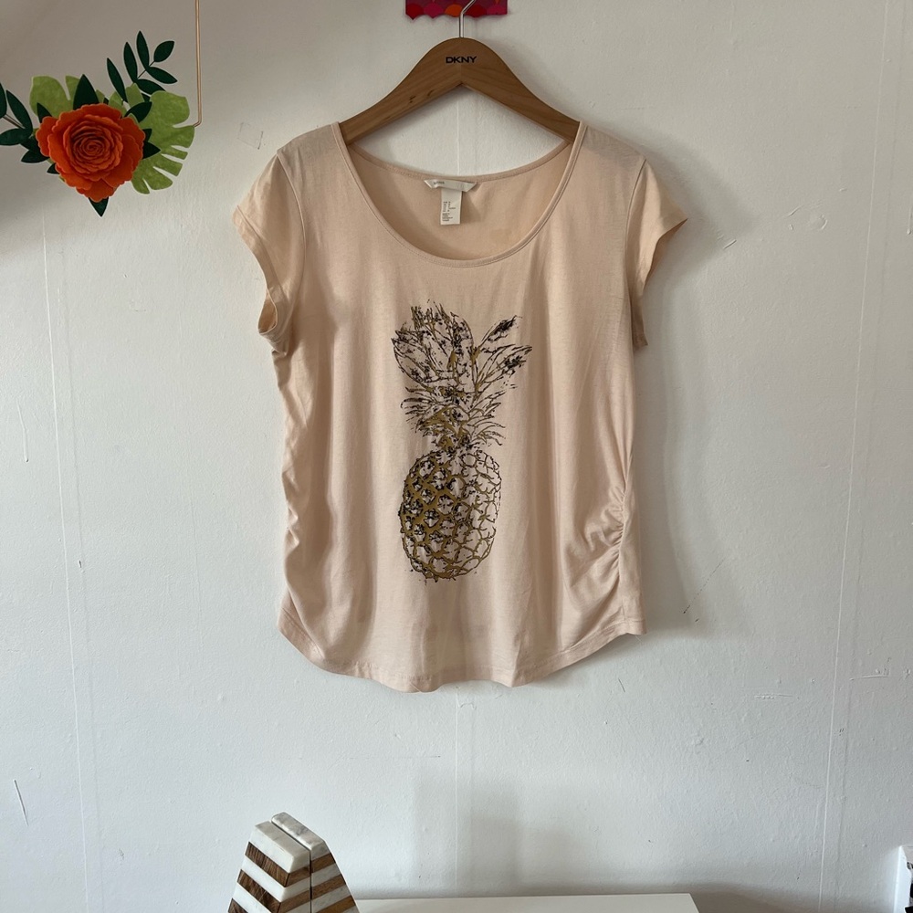 H&M Mama pineapple tshirt sz M maternity peachy pink cap sleeves cotton gold - Picture 1 of 8
